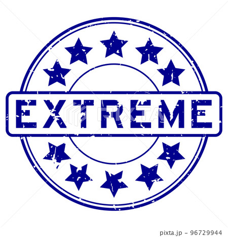 Grunge blue extreme word with star icon round rubber seal stamp on white background 96729944