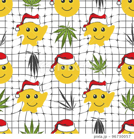 Seamless distorted melting smiley face in claus hat with cannabis leaves pattern for christmas. Geometric hemp christmas background. Vector 96730057