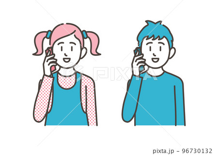 スマートフォン（スマホ）で電話する子供（男の子、女の子）【ベクターイラスト素材】 96730132