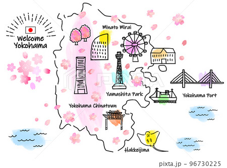 春の横浜の観光地のシンプル線画イラストマップ（ピンク） 96730225