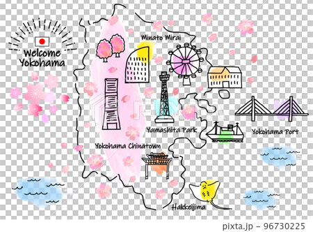 春の横浜の観光地のシンプル線画イラストマップ（ピンク） 96730225