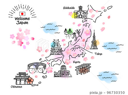 春の日本の観光地のシンプル線画イラストマップ（ピンク） 96730350