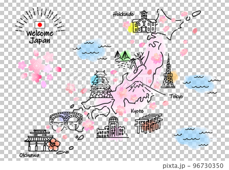 春の日本の観光地のシンプル線画イラストマップ（ピンク） 96730350