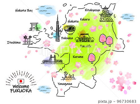 春の福岡の観光地のシンプル線画イラストマップ(緑) 春の福岡の観光地のシンプル線画イラストマップ(緑) 96730683