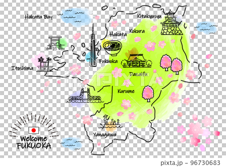 春の福岡の観光地のシンプル線画イラストマップ(緑) 春の福岡の観光地のシンプル線画イラストマップ(緑) 96730683