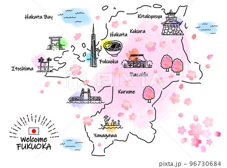 春の福岡の観光地のシンプル線画イラストマップ（ピンク） 96730684