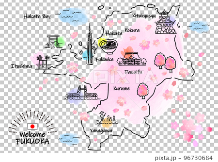 春季福岡旅遊景點的簡單線描插圖地圖(粉紅色) 春季福岡旅遊景點的簡單線描插圖地圖(粉紅色) 96730684