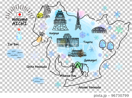 冬の愛知県の観光地のシンプル線画イラストマップ 96730799