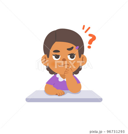 a black girl in doubt or have a question on the desk, illustration cartoon character vector design on white background. kid and education concept. 96731293
