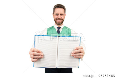 man hold notebook isolated on white background, selective focus, information 96731483