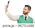 businessman making selfie isolated on white. male business blogger. vlogger with cellphone. 96731486