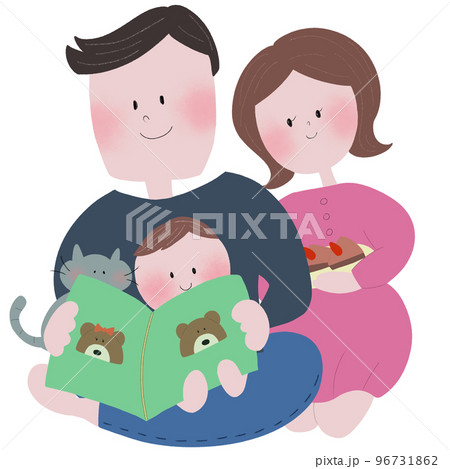 幼い息子と猫を膝にのせて本の読み聞かせをする若い父親と、ケーキを持ってきた若い母親 幼い息子と猫を膝にのせて本の読み聞かせをする若い父親と、ケーキを持ってきた若い母親 96731862