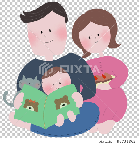 幼い息子と猫を膝にのせて本の読み聞かせをする若い父親と、ケーキを持ってきた若い母親 幼い息子と猫を膝にのせて本の読み聞かせをする若い父親と、ケーキを持ってきた若い母親 96731862