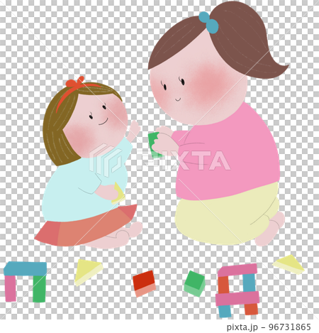 幼い姉妹がつみきで遊ぶ風景 96731865