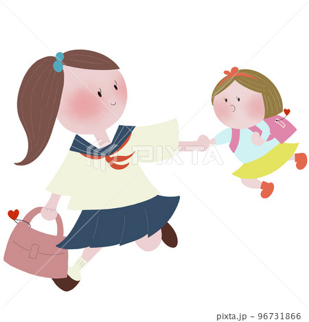 小学生の妹と、中高生の姉が仲良く手をつないで一緒に登校する風景 小学生の妹と、中高生の姉が仲良く手をつないで一緒に登校する風景 96731866