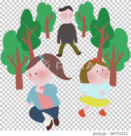 森林の並木道をかけっこする姉妹と見守る父親 森林の並木道をかけっこする姉妹と見守る父親 96731872