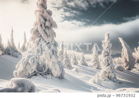 White winter spruces in the snow on a frosty day. Perfect wintry wallpapers magical nature. 96731932