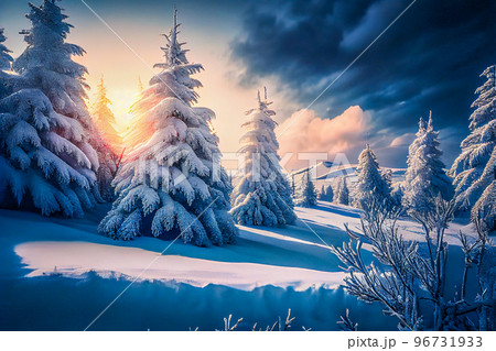 White winter spruces in the snow on a frosty day. Perfect wintry wallpapers magical nature. 96731933