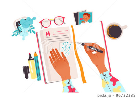 Hands with Pen Writing in Notepad as Working with Text Process Above View Vector Illustration Hands with Pen Writing in Notepad as Working with Text Process Above View Vector Illustration 96732335