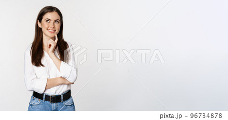 Portrait of female entrepreneur thinking, making choice, standing thoughtful, white studio background Portrait of female entrepreneur thinking, making choice, standing thoughtful, white studio background 96734878