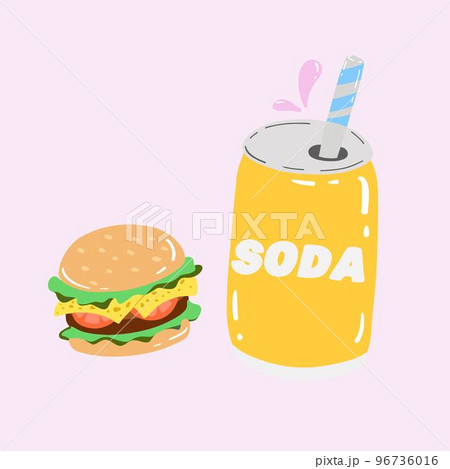 Cute illustration with soda and burger. Fast food concept. Graphic design elements for menu, packaging, advertising, poster. Isolated vector illustration 96736016