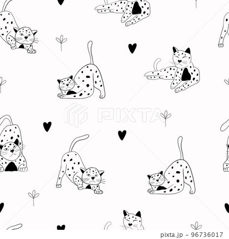 Seamless pattern with cats, hearts and flowers. Cats in different poses. Line cat. Illustration for printing on fabric, clothing, wrapping paper 96736017