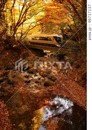 紅葉の渓流を眺めつつ奥鬼怒路を行く…龍王峡駅にて『特急リバティ会津』500系 96737137