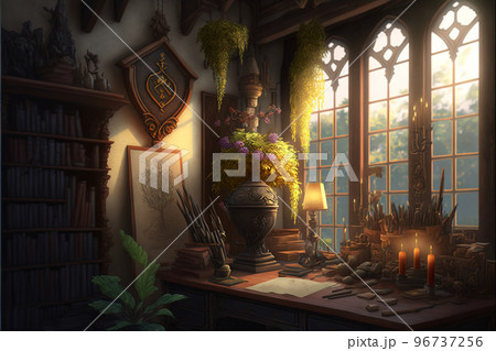 イラスト 工房 書斎 錬金術 作業場 魔法 ファンタジー 屋敷 96737256