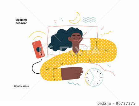 Lifestyle series - Sleeping behaviour - modern flat vector illustration of a woman sleeping in her bed, showing the benefits of good sleeping habit, eight hours normal sleep. People activities concept 96737375