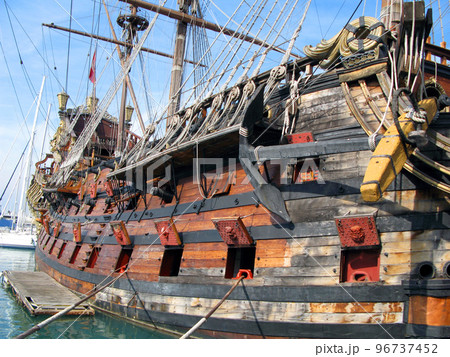 GENOA, ITALY Galleon Neptun in Porto antico, Beautiful ancient ship, replica of 17th century pirate sailboat. Colorful GENOA, ITALY Galleon Neptun in Porto antico, Beautiful ancient ship, replica of 17th century pirate sailboat. Colorful 96737452