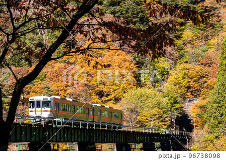 【高山本線】飛騨川沿いを走行する普通列車 96738098