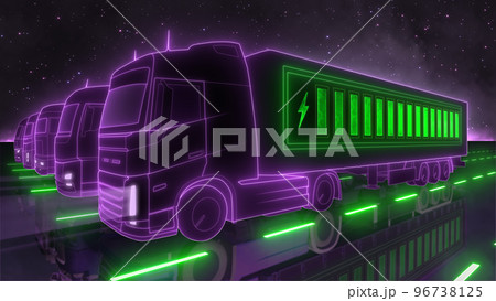 Trucks in neon light with rechargeable batteries. Abstract illustration on the theme of green energy, batteries and environmentally friendly means of cargo delivery 96738125