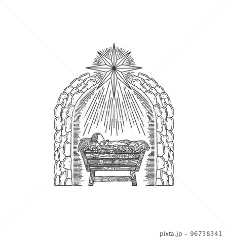 The Nativity Scene. A hand-drawn manger for the baby Jesus. The Star of Bethlehem above the stable where the Savior of the world was born. The Nativity Scene. A hand-drawn manger for the baby Jesus. The Star of Bethlehem above the stable where the Savior of the world was born. 96738341