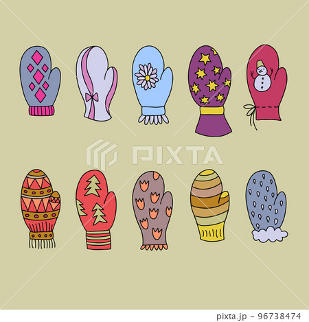 Doodle mittens and gloves with different texture and color. 96738474