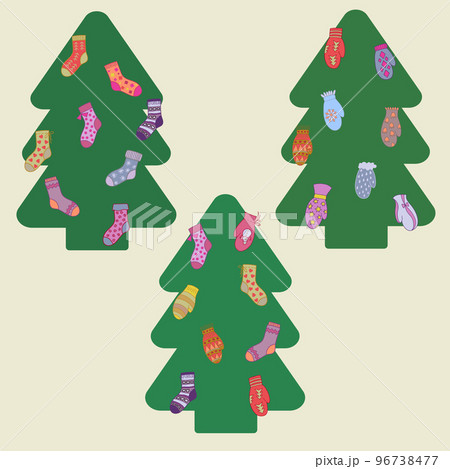 Christmas tree decorated with colourful socks and mittens. 96738477
