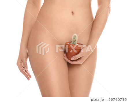 Woman with cactus showing smooth skin on white background, closeup. Brazilian bikini epilation Woman with cactus showing smooth skin on white background, closeup. Brazilian bikini epilation 96740756