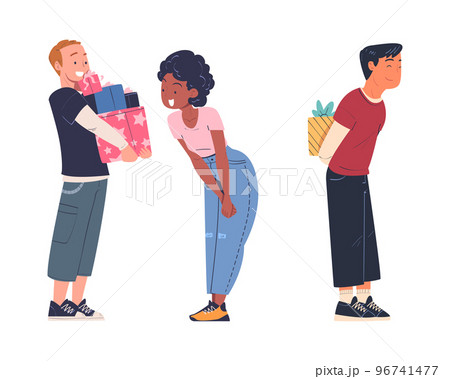 Happy Man and Woman Character Giving Gift Box for Holiday Congratulation Vector Set 96741477