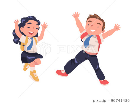 Happy Boy and Girl Pupil in Uniform with Tie and Backpack Jumping with Joy Excited About Back to School Vector Set 96741486