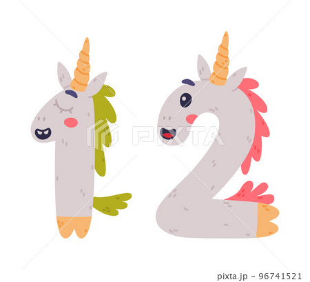 Unicorn Cute Number One and Two with Smiling Face and Twisted Horn Vector Set Unicorn Cute Number One and Two with Smiling Face and Twisted Horn Vector Set 96741521