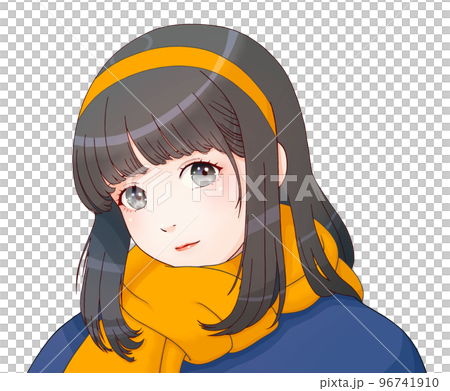 A girl wearing a headband and muffler, clothes = navy blue, muffler = orange, hair = black 96741910