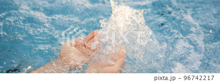 BANNER, LONG FORMAT Portrait of young carefree happy smiling woman relaxing at hot tub during enjoying happy traveling moment vacation life against the background of green big mountains BANNER, LONG FORMAT Portrait of young carefree happy smiling woman relaxing at hot tub during enjoying happy traveling moment vacation life against the background of green big mountains 96742217