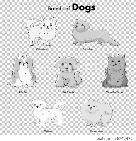 犬の線画 手描き 犬のキャラクターの肖像画の手描き線画イラストのセット