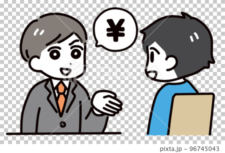 A suspicious salesman and a young man (upper body) talking about money 96745043