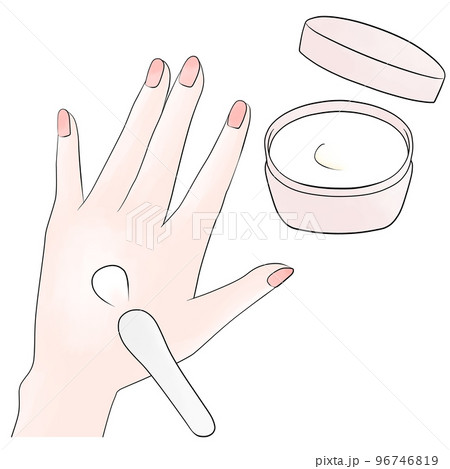 （水彩風）ジャー容器のハンドクリームをヘラで手につけるイラスト 96746819