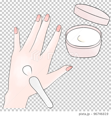 （水彩風）ジャー容器のハンドクリームをヘラで手につけるイラスト 96746819