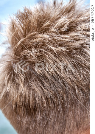 Blond hair stood on end after swimming in cold seawater and signals about walking out from cold water. Boy gets cold from long swimming in sea Blond hair stood on end after swimming in cold seawater and signals about walking out from cold water. Boy gets cold from long swimming in sea 96747017