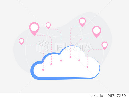 Cloud storage with multiple locations concept. Connect to corporate storage from different locations. Private, public or community cloud storage with red pins vector illustration 96747270