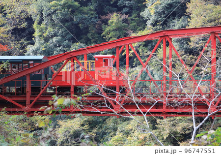 秋のマイントピア別子、打除鉄橋を渡る鉱山観光列車 96747551