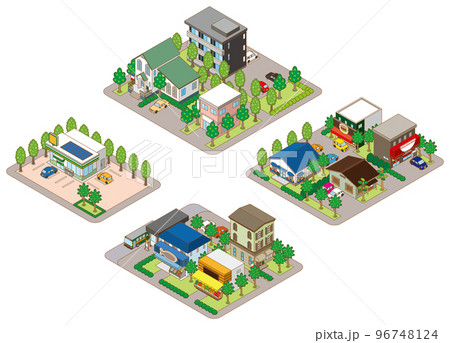 建物の立体的なイラスト. 街並みの景観. 建物の立体的なイラスト. 街並みの景観. 96748124