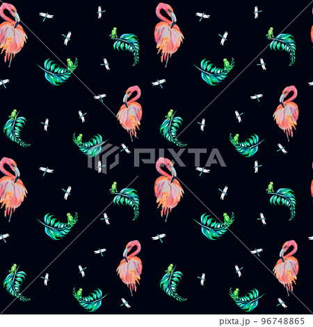 Tropical birds flamingo and palm leaves watercolor seamless pattern on dark background. 96748865
